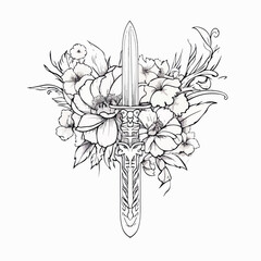 Flowers and swords in cartoon, doodle style. Image for t shirt. Isolated 2d vector illustration in logo, icon, sketch style, Eps 10. AI Generative