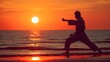 © Hifzhan Graphics - Silhouette portrait of a man practicing karate against the background of the sunset on the beach, generative AI, background image