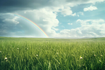  A bright green field with a rainbow in the background, symbolizing luck and hope on St. Patrick's Day