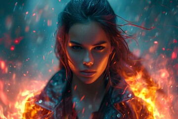 Sticker - fascinating cyberpunk woman, dressed in slim-tight leather jacket. lasers and explosions, charming 2d game character art, neon lights, apocalyptic background. generative AI