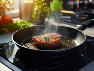 Wall Mural - Large frying pan with a piece of meat cooking on top of a touch-controlled ceramic hob.