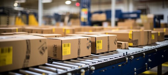 Wall Mural - Seamless movement of multiple cardboard box packages on conveyor belt in warehouse center