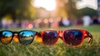 © Justlight - Closeup of a group of trendy sunglasses tered on the grass, highlighting the fashionforward atmosphere of the festival.