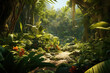 A lush, tropical rainforest with a variety of plants and trees