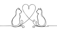 One Line Continuous Cats And Heart Symbol. Line Art Love Banner Concept. Hand Drawn, Outline Vector Illustration