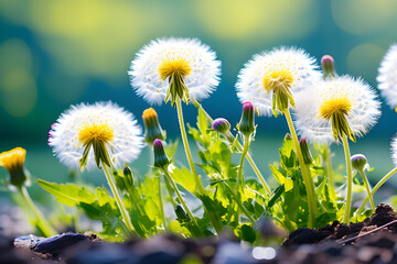 Wall Mural - dandelion with spring beauty: to recall warm memories from childhood generative ai