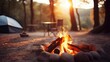 Closeup of a peaceful campsite with a campfire, surrounded by tall trees and a serene natural landscape.