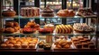 A variety of baked goods on display in a pastry shop, including croissants, eclairs and cakes. Concept: bakery with sweet products

