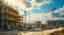 Construction Site For A Large Building With A Clear Blue Sky Background