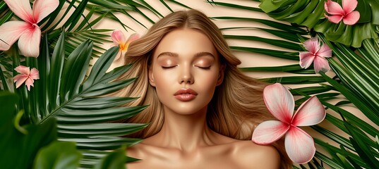 Wall Mural - Blonde woman portrait for hair care product, web banner background, studio shot with text space