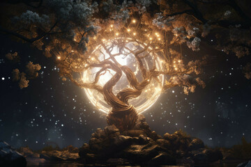 Wall Mural - a magical tree with a glowing orb in its branches