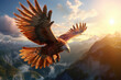 A griffin flying over a mountain range at sunset