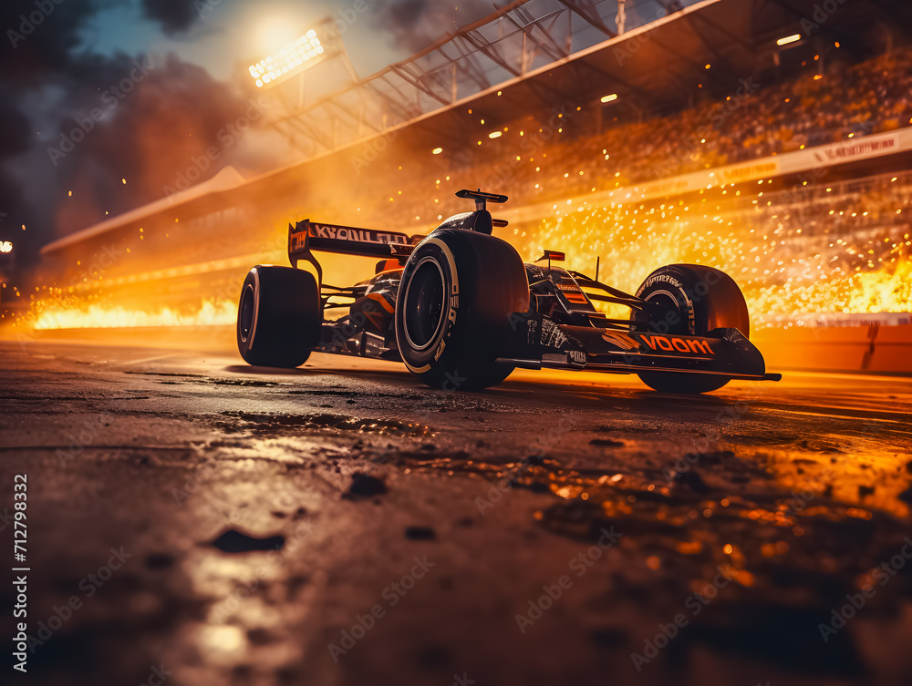 Formula 1 car. Racing car on a race track with grandstands in the ...