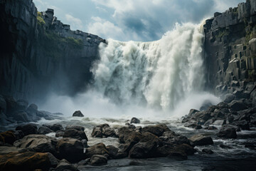 A waterfall cascading down a rocky cliff with swift intensity, symbolizing the force and speed of natural water formations. Concept of powerful flow. Generative Ai.