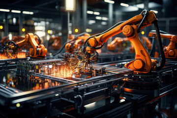 Poster - a factory assembly line with machinery working at a fast pace, illustrating the efficiency of mass p
