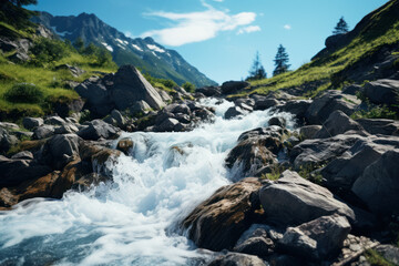 Poster - a rivulet rushing down a mountainside, depicting the speed and energy of flowing water. concept of m