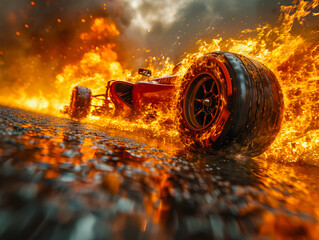 Wall Mural - A burning Formula 1 car on a race track. Formula 1 on fire.