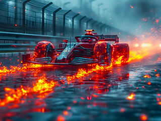 Wall Mural - A burning Formula 1 car on a race track. Formula 1 tires on fire.