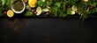 Vibrant green salad with assorted leaves, vegetables, seeds, and olive oil on black stone background