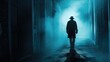 Silhouetted detective walking through a foggy corridor