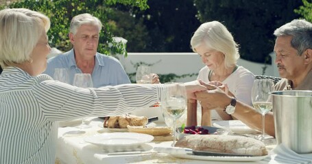 Poster - Praying, lunch and old people with happiness, garden and smile with reunion, spiritual and food. Brunch, senior men or mature women with peace, friends and social gathering with summer break or party