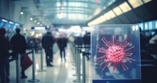 A Highsecurity Checkpoint Is Set Up At A Busy Airport, With Strict Biosecurity Protocols In Place To Prevent The Spread Of Infectious Diseases Between Countries.