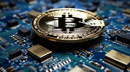 Poster - Bitcoin on abstract blue background, concept of internet of things  iot  technology