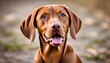 Cute dog or pet is looking happy. Brown vizsla young dog is posing. Cute, happy crazy dog headshot 