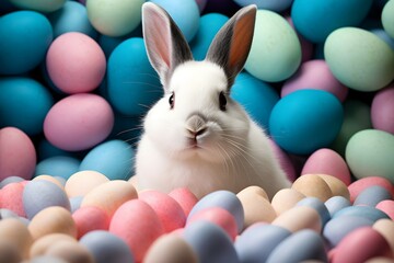 An adorable rabbit surrounded by a spectrum of Easter eggs