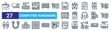 Set Of 27 Outline Web Computer Hardware Icons Such As Drawing Tablet, Computer, Electric Keyboard, Cables, Cpu Tower, Sata, Cd Drive, Card Reader Vector Thin Line Icons For Web Design, Mobile App.