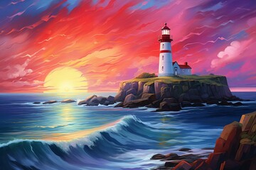 Wall Mural - A painting of a lighthouse with a colorful sky and aurora, a red light on a rock near the ocean. Generative AI