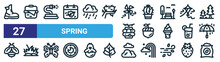 Set Of 27 Outline Web Spring Icons Such As Boots, Basket, Hose, Cactus, Acorn, Grass, Cloudy, Seed Bag Vector Thin Line Icons For Web Design, Mobile App.