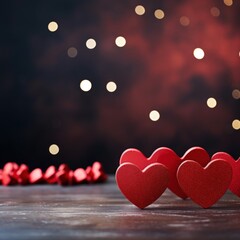 Poster - Empty wooden table with red hearts and bokeh lights. Festive background for Valentine's Day. Generative AI.