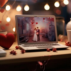 Poster - Laptop with heart on the screen. Valentine's day concept. Generative AI.