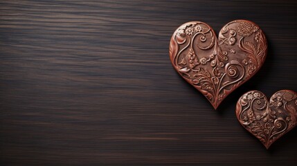 Poster - Two decorative hearts on a dark wooden background with copy space. top view. Valentine's Day card. Generative AI.