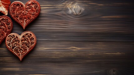 Poster - Wooden hearts on old wooden background. Valentines day background. Copyspace, top view. Generative AI.