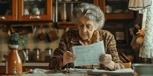 Senior Mature Woman Holding Paper Bill Trying To Read It And Figure Out The Problem,old Lady Managing Account Finance On Vintage Kitchen Background.