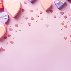 Poster - Composition with paper heart and sequins on color background. valentine's day celebration. Generative AI.