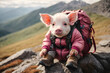 Little pig is hiking in the mountains.