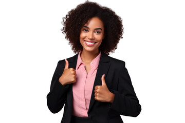 Portrait of a smiling woman showing thumbs up pose, isolated on transparent background