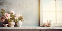 Cottage Style Background With A Retro Touch, Featuring Vintage Decor And Flowers On A Window Shelf.