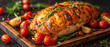 Succulent Roasted Chicken Breast on Wooden Board: A Gourmet Feast with Herbs and Cherry Tomatoes