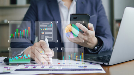 Graph of Business growing. Analytic graph with business planning, Strategy digital Marketing, profit income, economy, stock market trends and Strategy technical analysis. working people on desk.