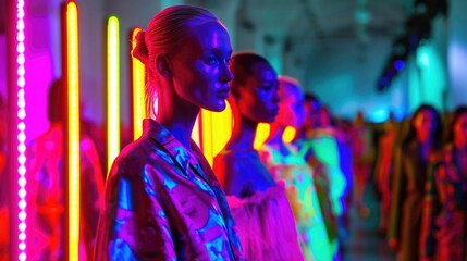 Wall Mural - A sea of vibrant colors floods the fashion runway as models show off their neon ensembles