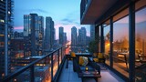Fototapeta Nowy Jork - Urban Twilight: High-Rise Balcony Overlooking Cityscape with Modern Comforts