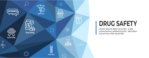 Wall Mural - Pharmaceuticals and medications icon set with web header banner for FDA Approval
