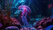 A glowing jellyfish tank with fluorescent tentacles that seem to dance in the darkness