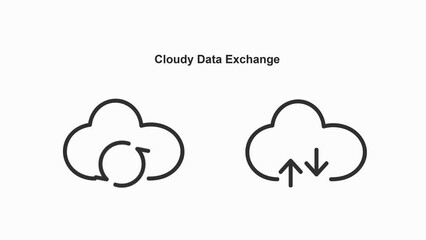 Poster - black thin linear icon animations representing data transfer with cloud and arrow icon animation, creative 4k video with white background.