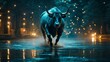 : Bull running on the road at night in the rain with fog and lights
