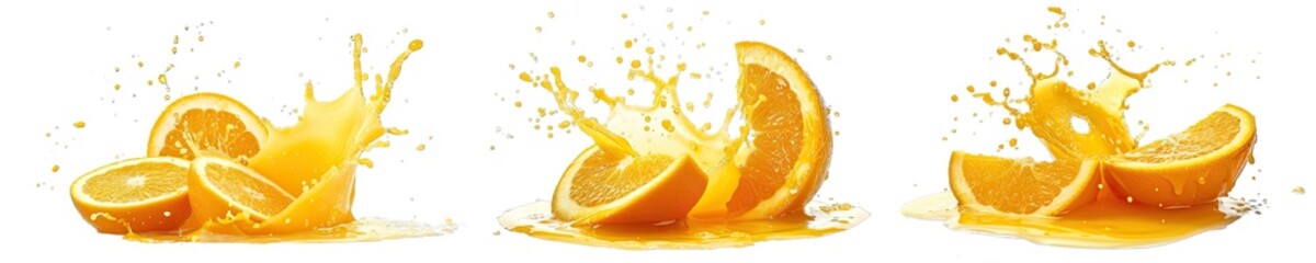 Wall Mural - Collection of PNG. Orange juice splash isolated on transparent background.